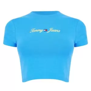 Image of Tommy Jeans Acid Wash Linear Logo T Shirt - Blue