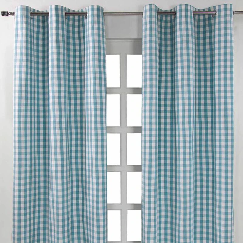 Image of Homescapes Cotton Blue Block Check Gingham Eyelet Curtains 137 X 182 Cm