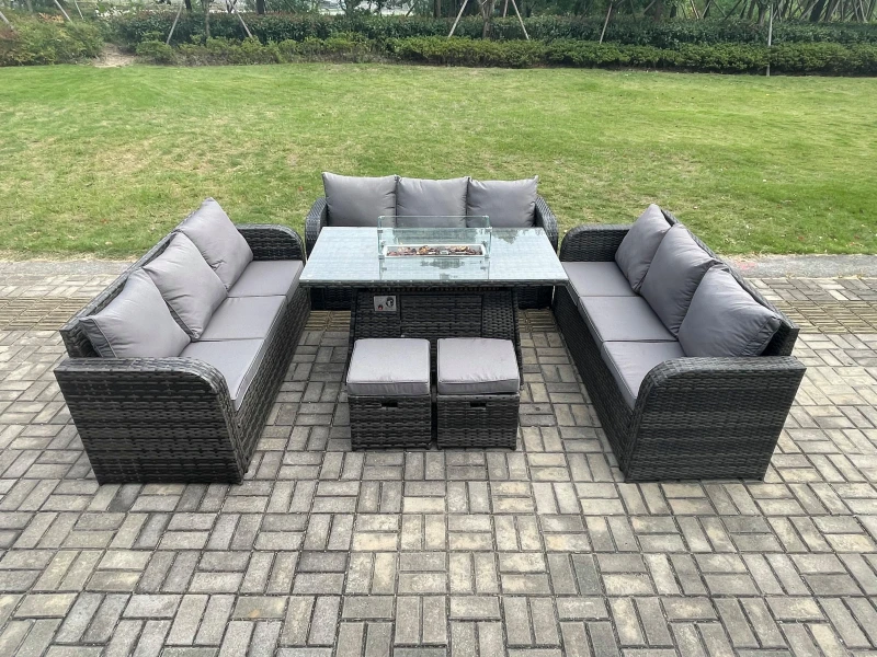 Image of Fimous Rattan Furniture Garden Dining Set Gas Fire Pit Table With Lounge Sofa 2 Small Footstools Dark Grey Mixed Dark Grey