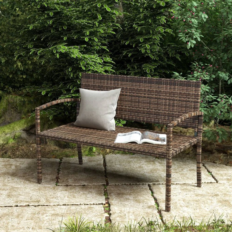 Image of OUTSUNNY Patio Rattan 2 Seater Garden Bench Love Seat Garden Armchair Brown Brown Unisex