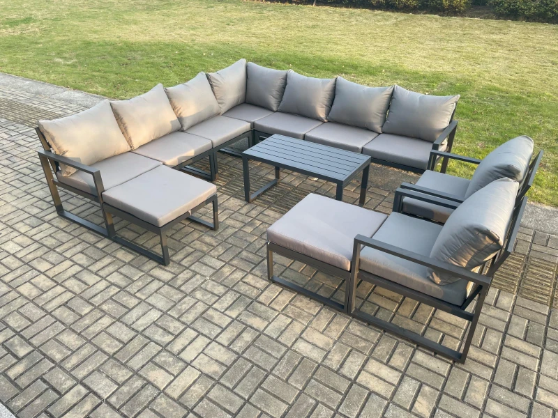 Image of Fimous Aluminium Outdoor Garden Furniture Set Lounge Corner Sofa 2 Pcs Chair Oblong Coffee Table Sets with 2 Big Footstools Dark Grey Dark Grey Unisex