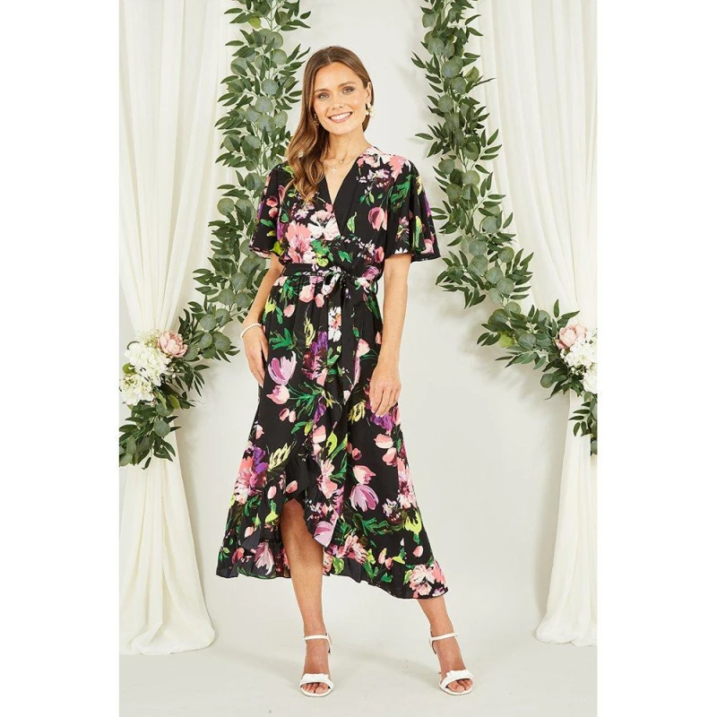 Image of Mela Black Floral Wrap Midi Dress With Frills Black female