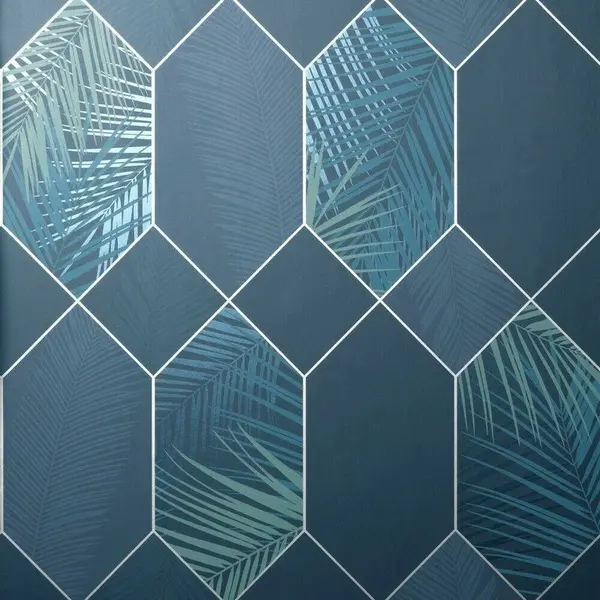Image of FINE DECOR Navy Silver Miami Wallpaper Fine Decor Tropical Jungle Geometric Metallic WL-FD42837