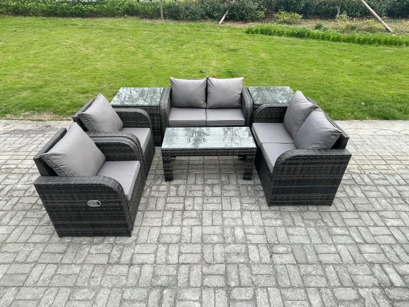 Image of Fimous 7 Piece Rattan Garden Furniture Set Outdoor Patio Sofa, Table and Chairs Garden Table Ideal for Pool Side, Balcony, Outdoor Set Dark Grey