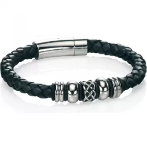 Image of Mens Fred Bennett Stainless Steel Leather Bracelet 9 Inch