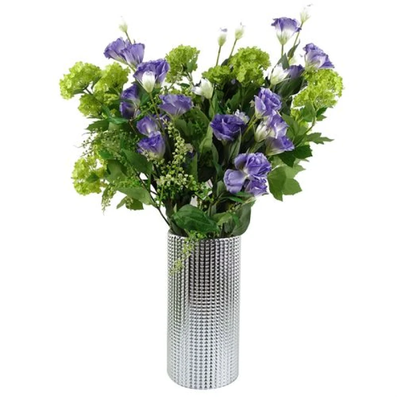 Image of Leaf Leaf 60cm Purple Wild Rose Arrangement Silver Glass Vase Purple