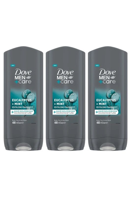 Image of Dove Men+Care 3-in-1 'Hair, Body & Face Wash' Eucalyptus,3x400ml Grey male