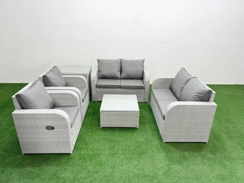 Image of Fimous 6 Seater Outdoor Reclining Chair Love Sofa Set Rattan Garden Furniture Set with Square Coffee Table Side Table Light Grey Light Grey