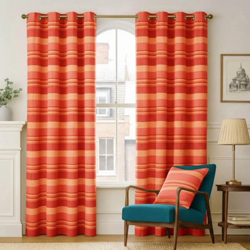 Image of Homescapes Cotton Morocco Striped Terracotta Curtains 137 X 137 Cm