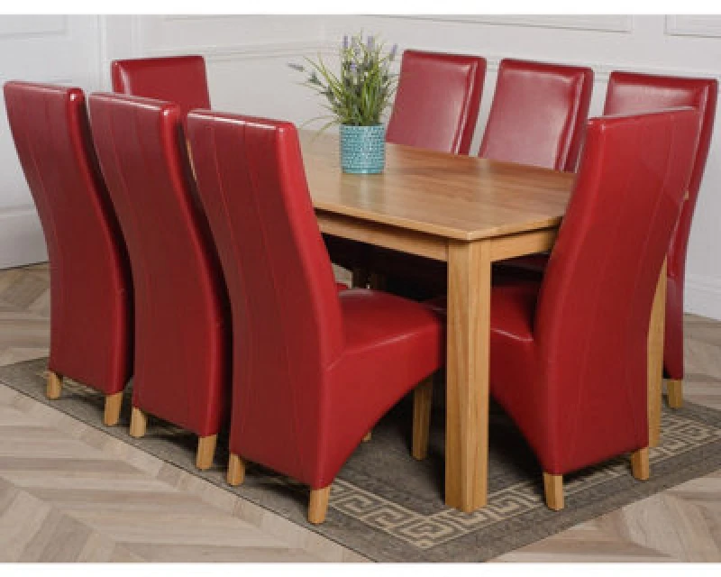 Image of Thats Furniture Oslo 180 x 90cm Large Oak Dining Table & 8 Lola Leather Chairs in Red Red Unisex 180 x 90 cm