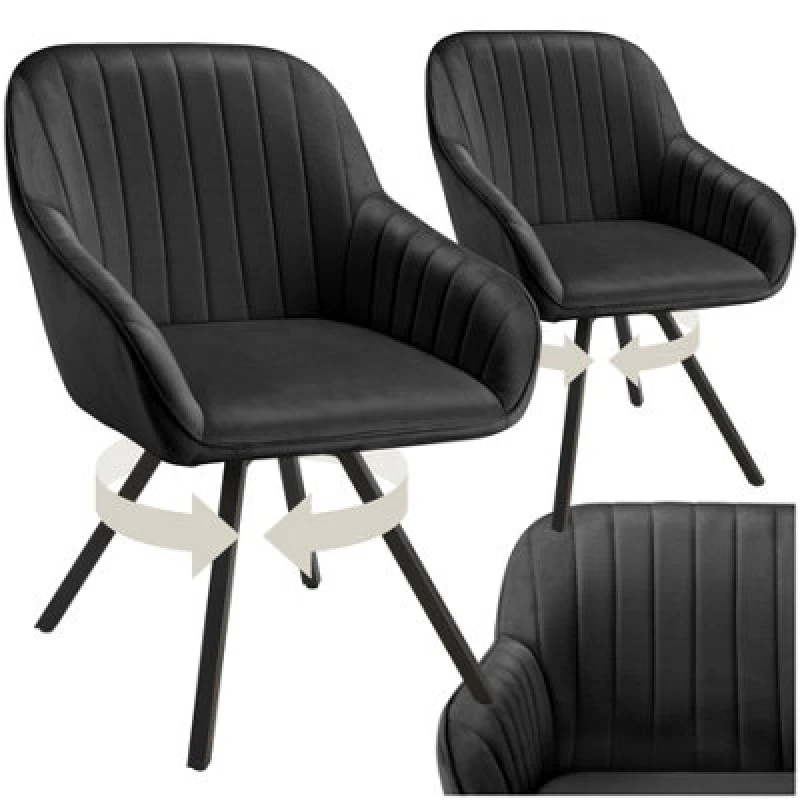 Image of Tectake Set Of 2 Lounge Armchair Living Room Accent Chair 360 Swivel Slim Steel Legs Velvet Fabric - Black