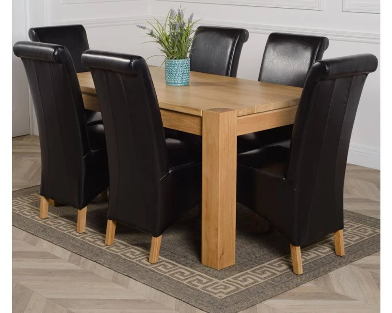 Image of Thats Furniture Kuba 150 x 85cm Chunky Medium Oak Dining Table & 6 Montana Leather Chairs in Black Size: 150 x 85cm Black Unisex 150 x 85 cm