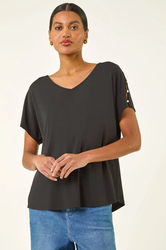 Image of Roman Womens Cold Shoulder Button Top in Black Size: 16 Black Female 16