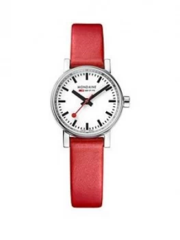Image of Mondaine Mondaine Swiss Made Evo2 White Sapphire Glass Dial Polished Stainless Steel 26Mm Case Red Leather Strap Watch