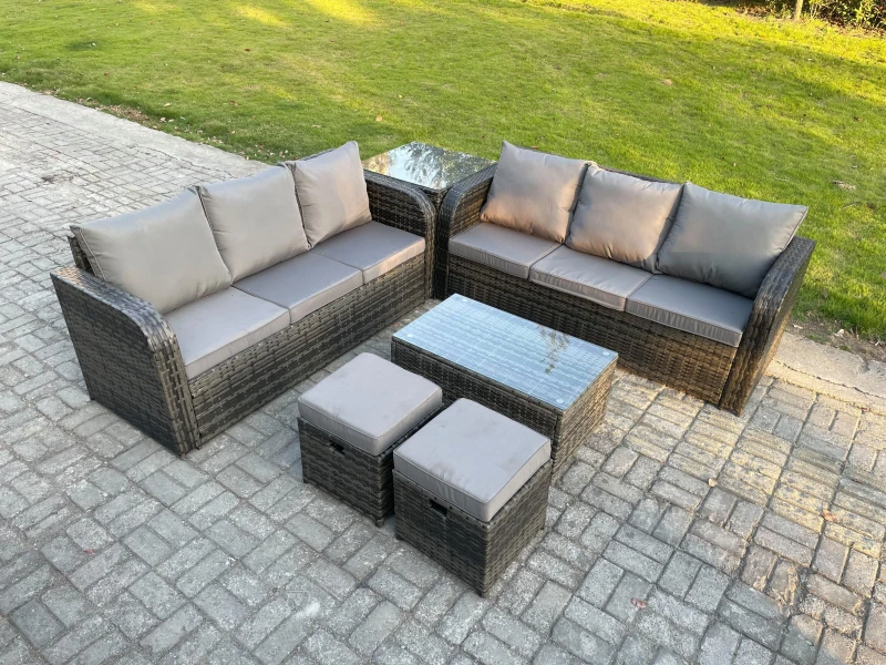 Image of Fimous Outdoor Garden Furniture Sets 8 Seater Wicker Rattan Furniture Sofa Sets with Rectangular Coffee Table 3 Seater Sofa Side Table Footstools Dark