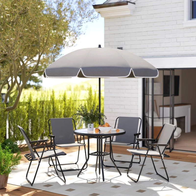 Image of Outsunny 6 Pieces Garden Furniture Set with Parasol, Folding Chairs, Grey Mid Grey