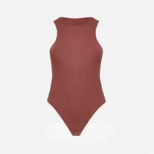 Image of Missguided Plus Size Rib Racer Neck Bodysuit - Brown