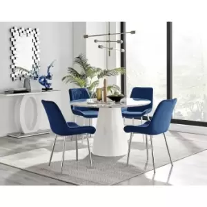 Image of Furniturebox Palma White Marble Effect 120cm Round Minimalist Dining Table & 4 Navy Pesaro Silver Leg Velvet Chairs