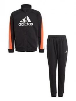 Image of adidas Boys Junior Badge Of Sport Cotton Tracksuit - Black/Orange, Size 9-10 Years