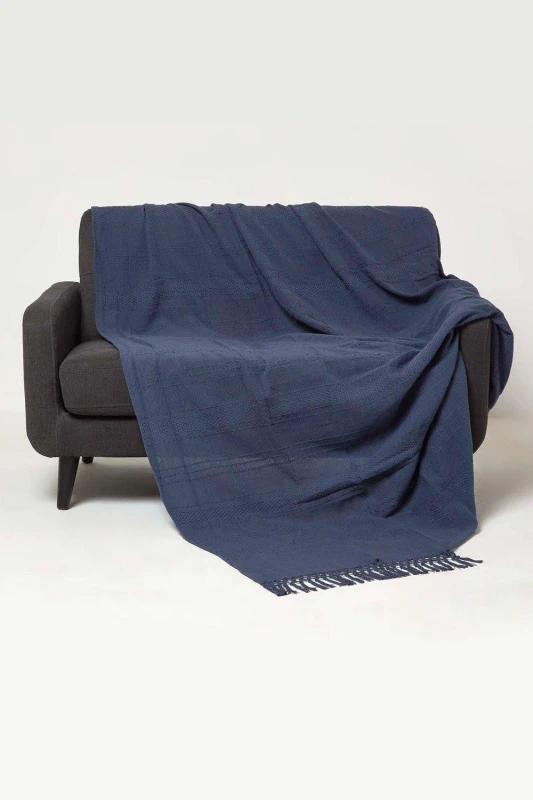 Image of HOMESCAPES Kashi Navy Cotton Throw with Tassels 255 x 360cm - Homescapes SF2267C