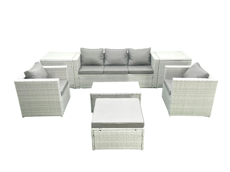 Image of Fimous Rattan Garden Furniture Set with 3 Seater Sofa 2 Chair Rectangular Coffee Table Big Footstool 2 Side Tables Light Grey Mixed 6 Seater Light Gre