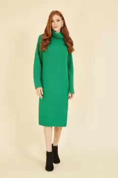 Image of Green Roll Neck Knitted Midi Jumper Dress