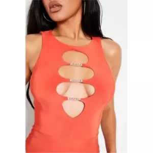 Image of I Saw It First Orange Slinky Racer Neck Chain Detail Bodysuit - Orange