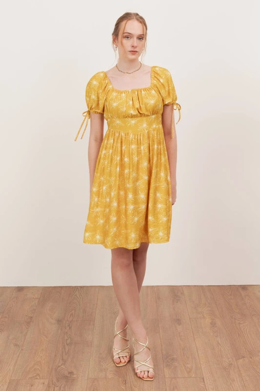 Image of Lovedrobe Womens Elasticated Square Neck Short Sleeve Mini Dress in Yellow Size: 12 Yellow Female 12