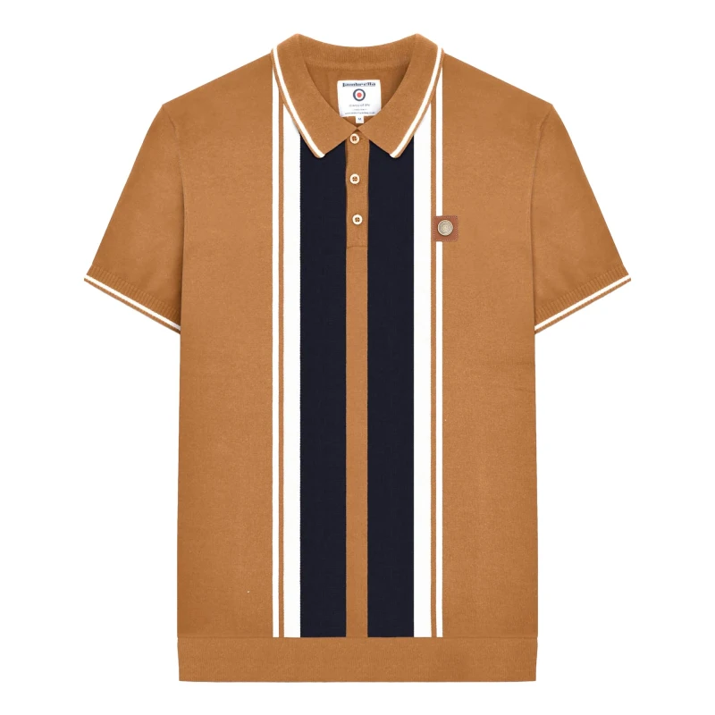 Image of Lambretta Lambretta Men Gr Striped Knitted Short-Sleeved Polo Shirt in Light Brown Size: Medium Light Brown M Male 5063703656245