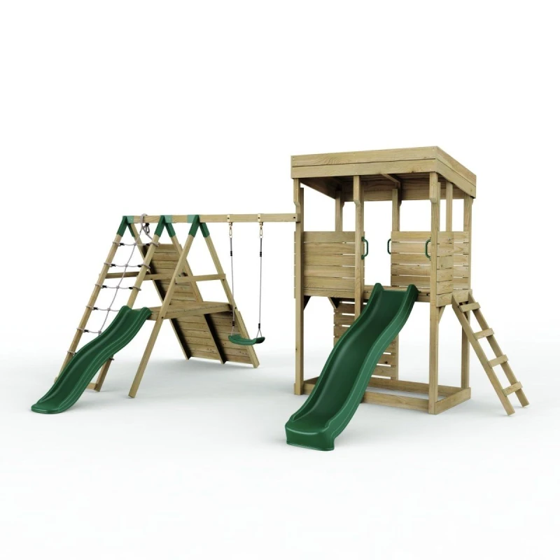 Image of OutdoorToys XL Lookout Tower with Single Swing & Climbing Wall plus Slides for Kids in Brown Brown Unisex