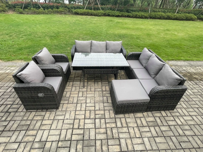Image of Fimous 6 Piece Rattan Garden Furniture Set with Patio Sofa Rectangular Dining Table Big Footstool Indoor Conservatory Patio Set in Dark Grey Dark Grey