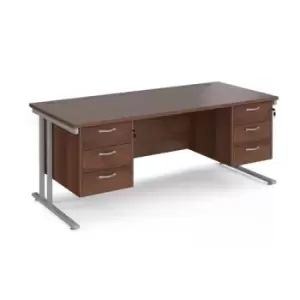 Image of Office Desk Rectangular Desk 1800mm With Double Pedestal Walnut Top With Silver Frame 800mm Depth Maestro 25 MC18P33SW