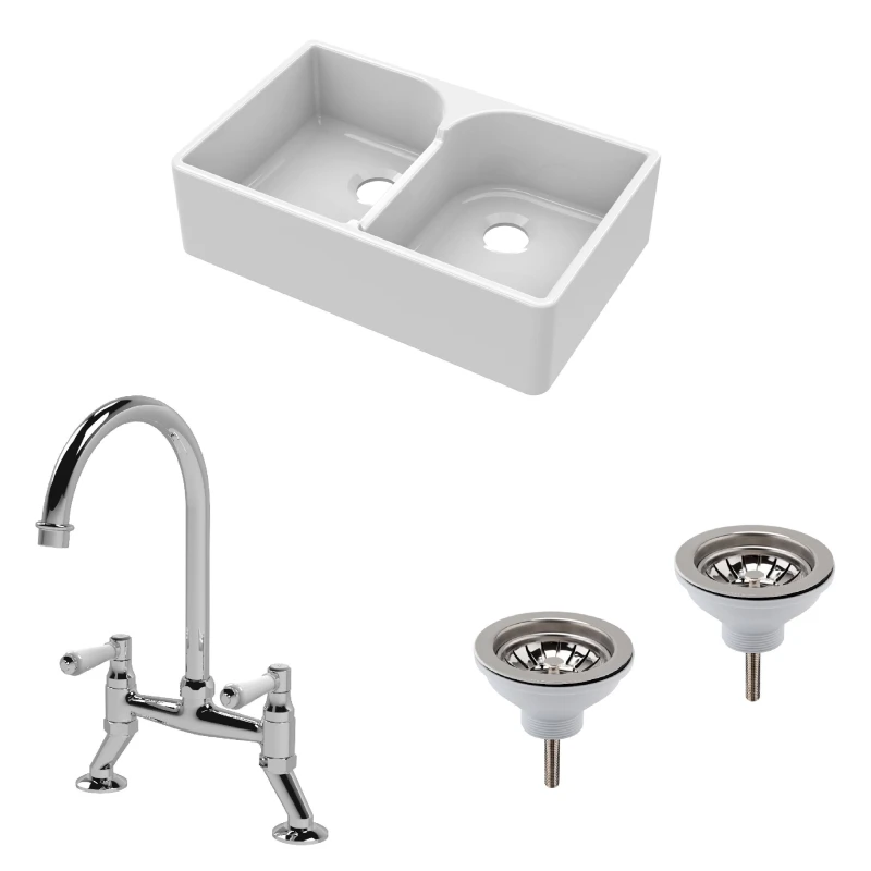 Image of Balterley Fireclay 2 Bowl Stepped Weir Butler Sink Wastes Bridge Tap 795mm Silver