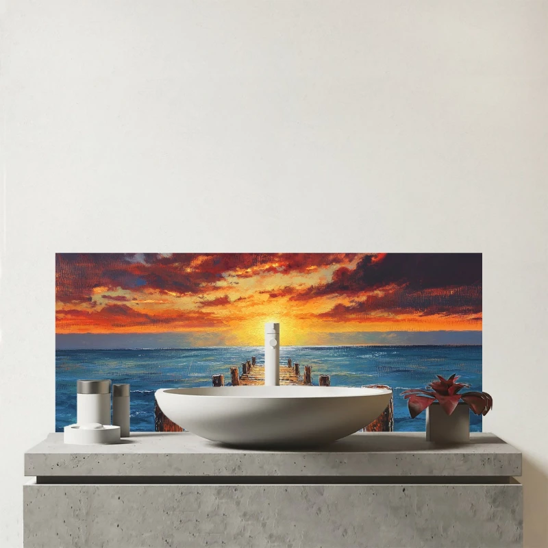 Image of Warren Reed - Designer Sunset Over A Carribean Sea Glass Bathroom Splashback Multicolor Unisex