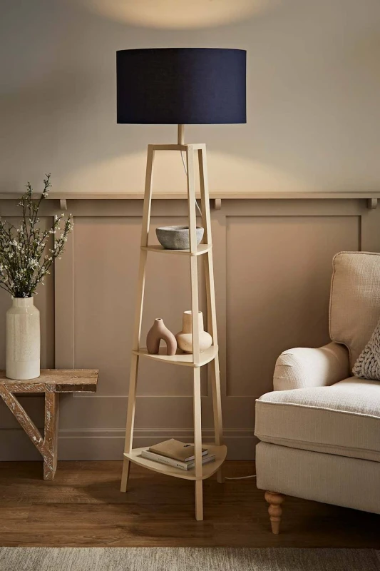 Image of ValueLights ValueLights Hiru Painted Cream 3 Tier Wooden Shelf Floor Lamp with Drum Lamp Shade in Navy Navy One Size Unisex 5059406070686