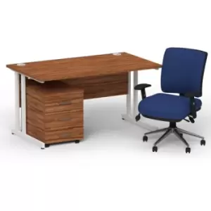 Image of Impulse 1400 x 800 White Cant Office Desk Walnut + 3 Dr Mobile Ped & Chiro Med Back Blue W/Arms