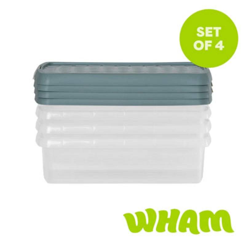Image of Wham Clip 4 X 7L Rectangular Plastic Storage Boxes With Clip Lock Lids. Ideal For Home, Office, Toys & More - Clear/green Milieu