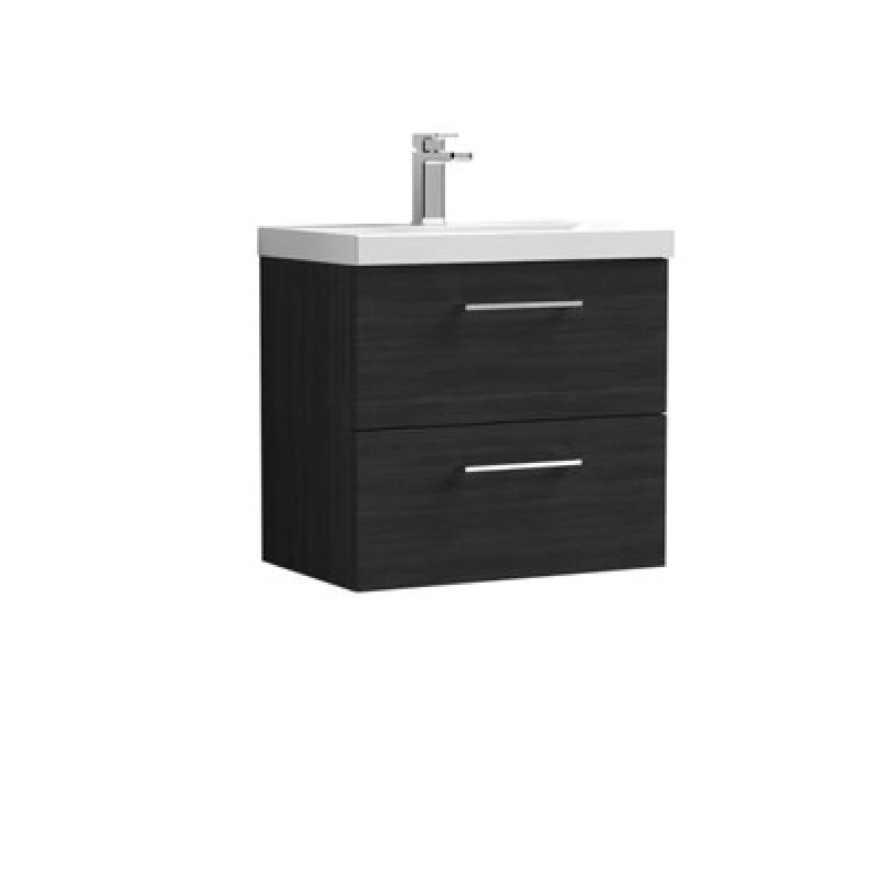 Image of BALTERLEY Wall Hung 2 Drawer Vanity Unit with Mid-Edge Ceramic Basin, 600mm - Woodgrain Charcoal Black BFLE624A
