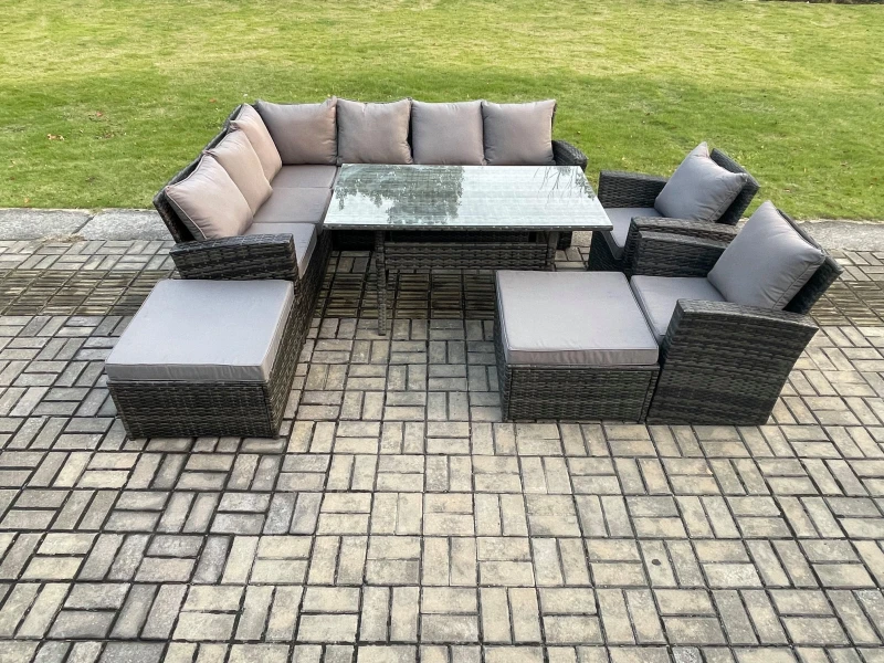 Image of Fimous 10 Seater High Back Rattan Garden Furniture Set Corner Sofa With Rectangular Dining Table 2 Arm Chairs 2 Big Footstool in Dark Grey Dark Grey U