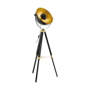 Image of Tripod Floor Lamp Light Black Wood & Gold Dome Shade 1 x 60W E27 Bulb