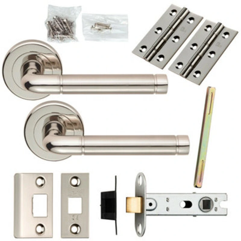 Image of Loops Door Handle & Latch Pack Polished & Satin Nickel Elliptical Bar Screwless Rose Metallics