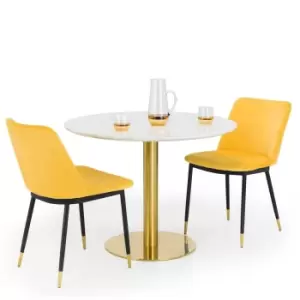 Image of Julian Bowen Set Of Palermo Round Dining Table & 2 Delaunay Mustard Chairs