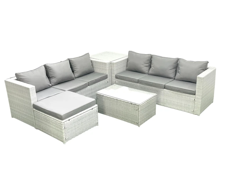 Image of Fimous Garden Outdoor PE Rattan Furniture Set 7 Seater Rattan Garden Sofa Set with Big Footstool Side Table Light Grey Mixed Light Grey