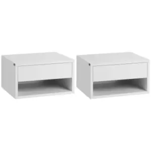 Image of HOMCOM 2 Pieces Bedside Table Wall Mounted Nightstand with Drawer and Shelf for Bedroom, 37 x 32 x 21cm, High Gloss White