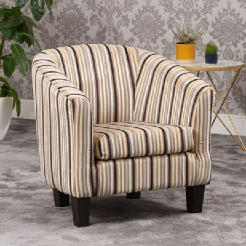 Image of Aurora 69Cm Wide Black Brown Silver Striped Fabric Tub Chair With Dark And Light Wooden Legs