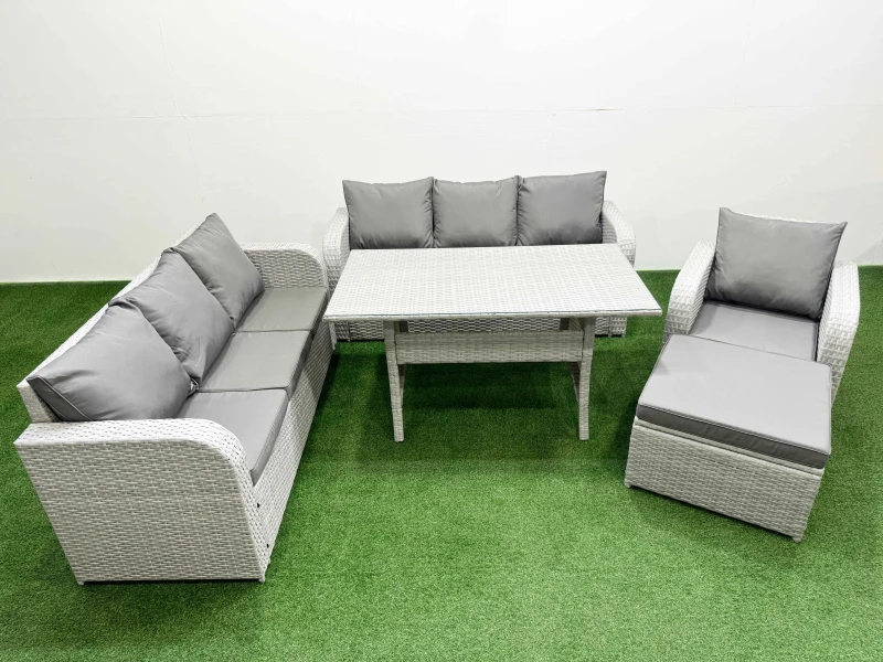 Image of Fimous 8 Seater Poly Rattan Outdoor Garden Furniture Rectangular Dining Table Sofa Set 3 Seater Sofa Big Footstool Light Grey