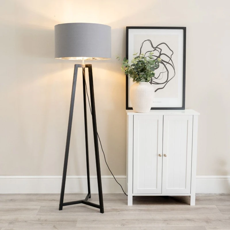 Image of ValueLights Lottie Black Wood Tripod Floor Lamp with Grey and Chrome Drum Shade Grey