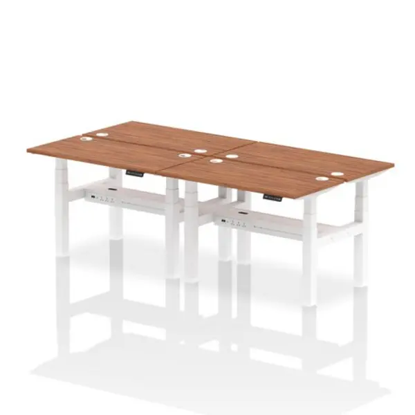 Image of Air Air Back-to-Back 1200 x 600mm Height Adjustable 4 Person Bench Desk Walnut Top with Cable Ports White Frame HASCP4P12600WNTW