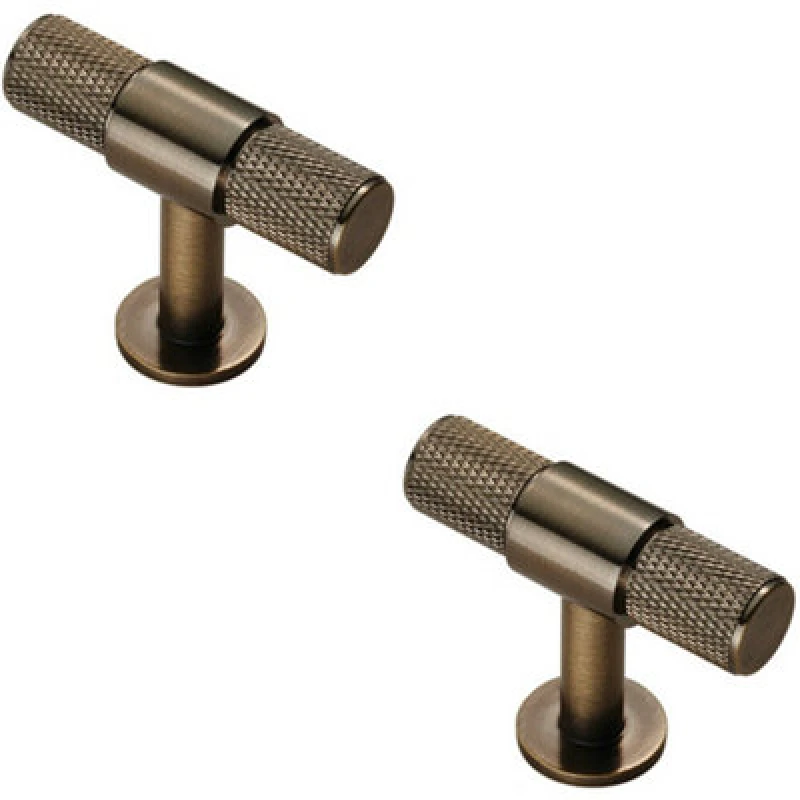 Image of Loops 2x Knurled Cupboard T Shape Pull Handle 50 x 13mm Antique Brass Cabinet Handle Metallics unisex