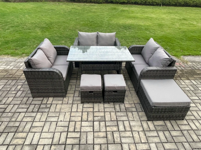 Image of Fimous 9 Seater Outdoor Rattan Garden Furniture Set with Patio Rectangular Dining Table Love Sofa 3 Footstools Dark Grey Mixed Dark Grey Unisex